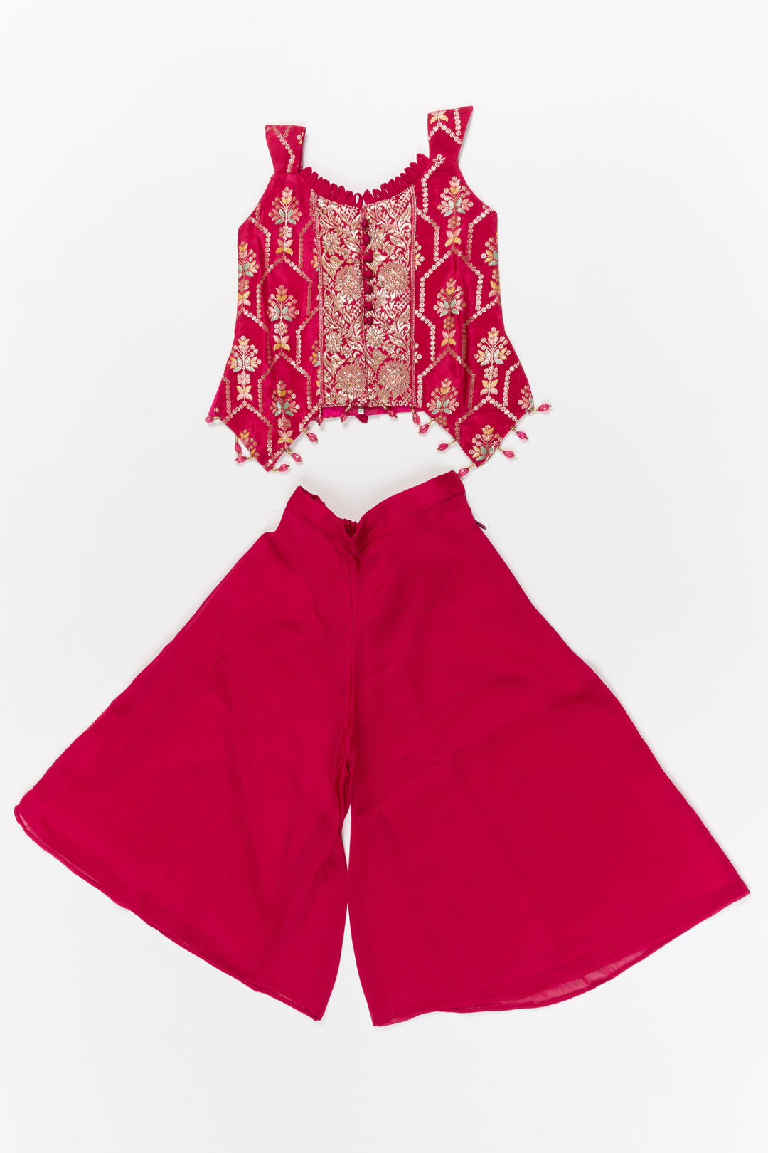 The Nesavu Girls Sharara / Plazo Set Sleeveless Plazo Set for Girls with Festive Embroidery and Tassel Detailing Nesavu 18 (2Y) / Pink / Georgette GPS956A-18 Nesavu sleeveless plazo set for girls with embroidered yoke and festive tassel trims – perfect for birthday and temple events