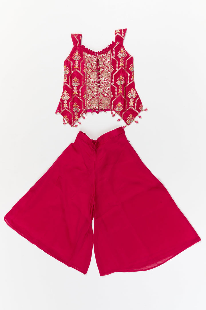 The Nesavu Girls Sharara / Plazo Set Sleeveless Plazo Set for Girls with Festive Embroidery and Tassel Detailing Nesavu 18 (2Y) / Pink / Georgette GPS956A-18 Nesavu sleeveless plazo set for girls with embroidered yoke and festive tassel trims – perfect for birthday and temple events