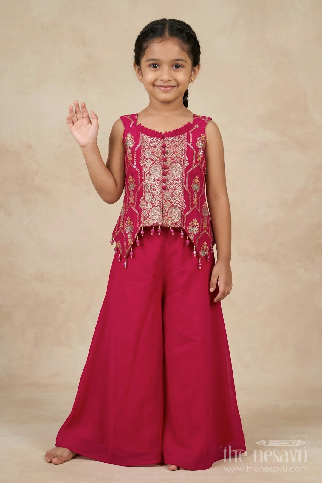 The Nesavu Girls Sharara / Plazo Set Sleeveless Plazo Set for Girls with Festive Embroidery and Tassel Detailing Nesavu 18 (2Y) / Pink / Georgette GPS956A-18 Nesavu sleeveless plazo set for girls with embroidered yoke and festive tassel trims – perfect for birthday and temple events