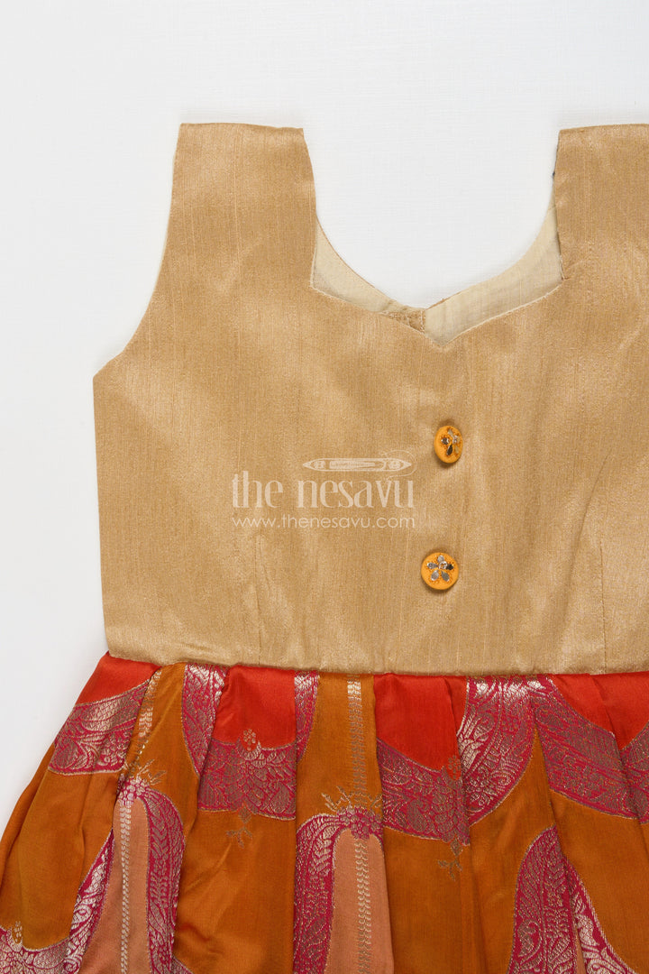 The Nesavu Silk Frock Sleeveless Silk Frock for Baby Girls for Rituals and Family Functions Nesavu 18 (2Y) / Orange SF1103B-18 Nesavu semi Banaras silk frock with raw silk yoke for baby girls – perfect for festive rituals and family gatherings