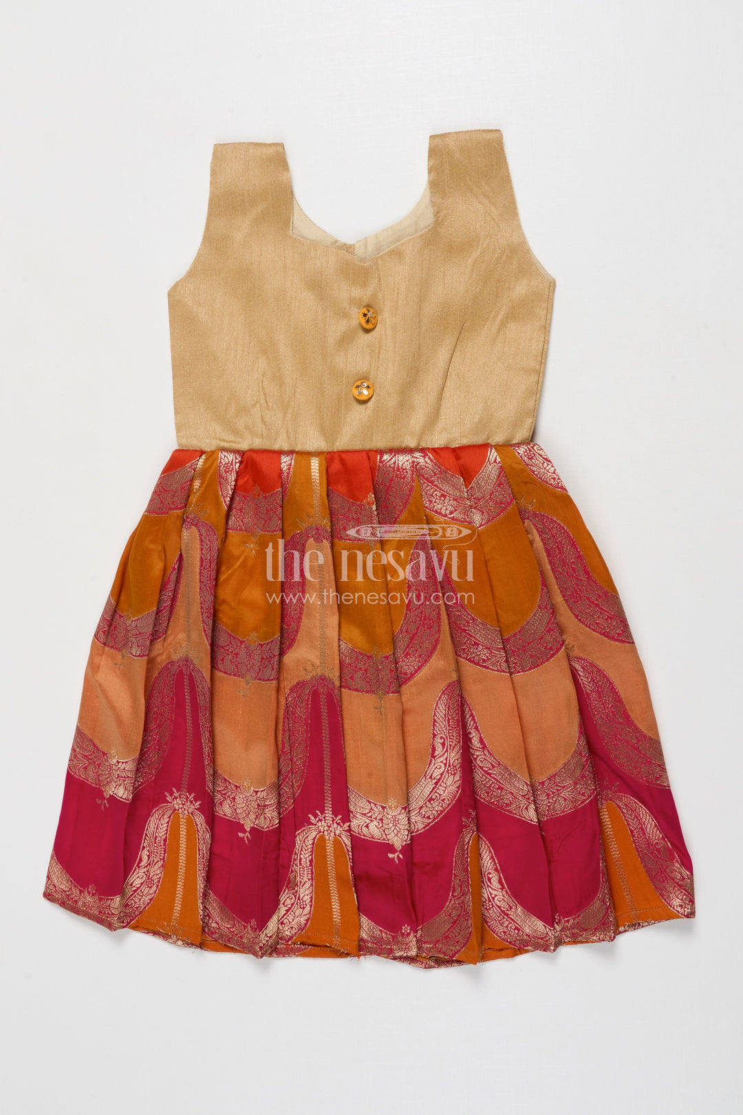 The Nesavu Silk Frock Sleeveless Silk Frock for Baby Girls for Rituals and Family Functions Nesavu 18 (2Y) / Orange SF1103B-18 Nesavu semi Banaras silk frock with raw silk yoke for baby girls – perfect for festive rituals and family gatherings