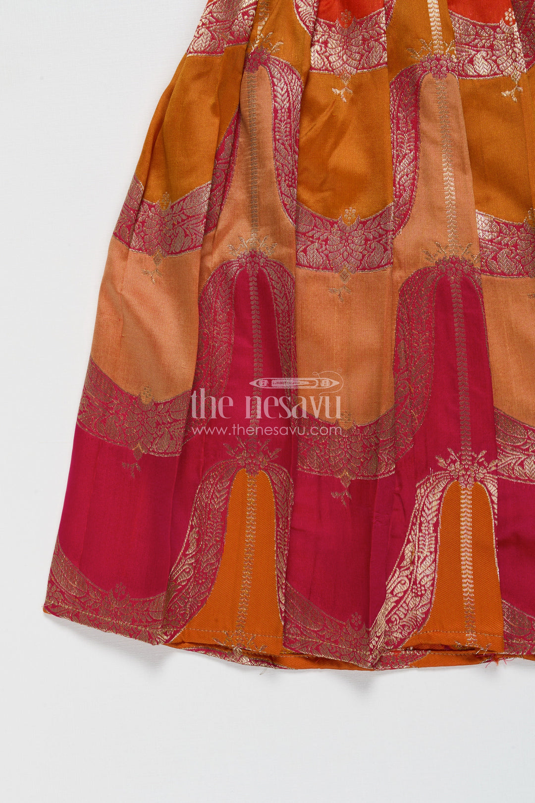 The Nesavu Silk Frock Sleeveless Silk Frock for Baby Girls for Rituals and Family Functions Nesavu 18 (2Y) / Orange SF1103B-18 Nesavu semi Banaras silk frock with raw silk yoke for baby girls – perfect for festive rituals and family gatherings