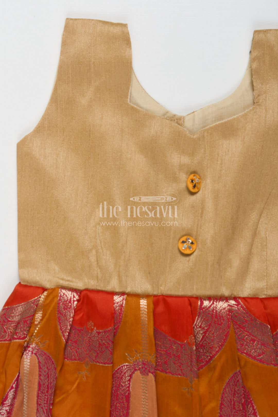 The Nesavu Silk Frock Sleeveless Silk Frock for Baby Girls for Rituals and Family Functions Nesavu 18 (2Y) / Orange SF1103B-18 Nesavu semi Banaras silk frock with raw silk yoke for baby girls – perfect for festive rituals and family gatherings