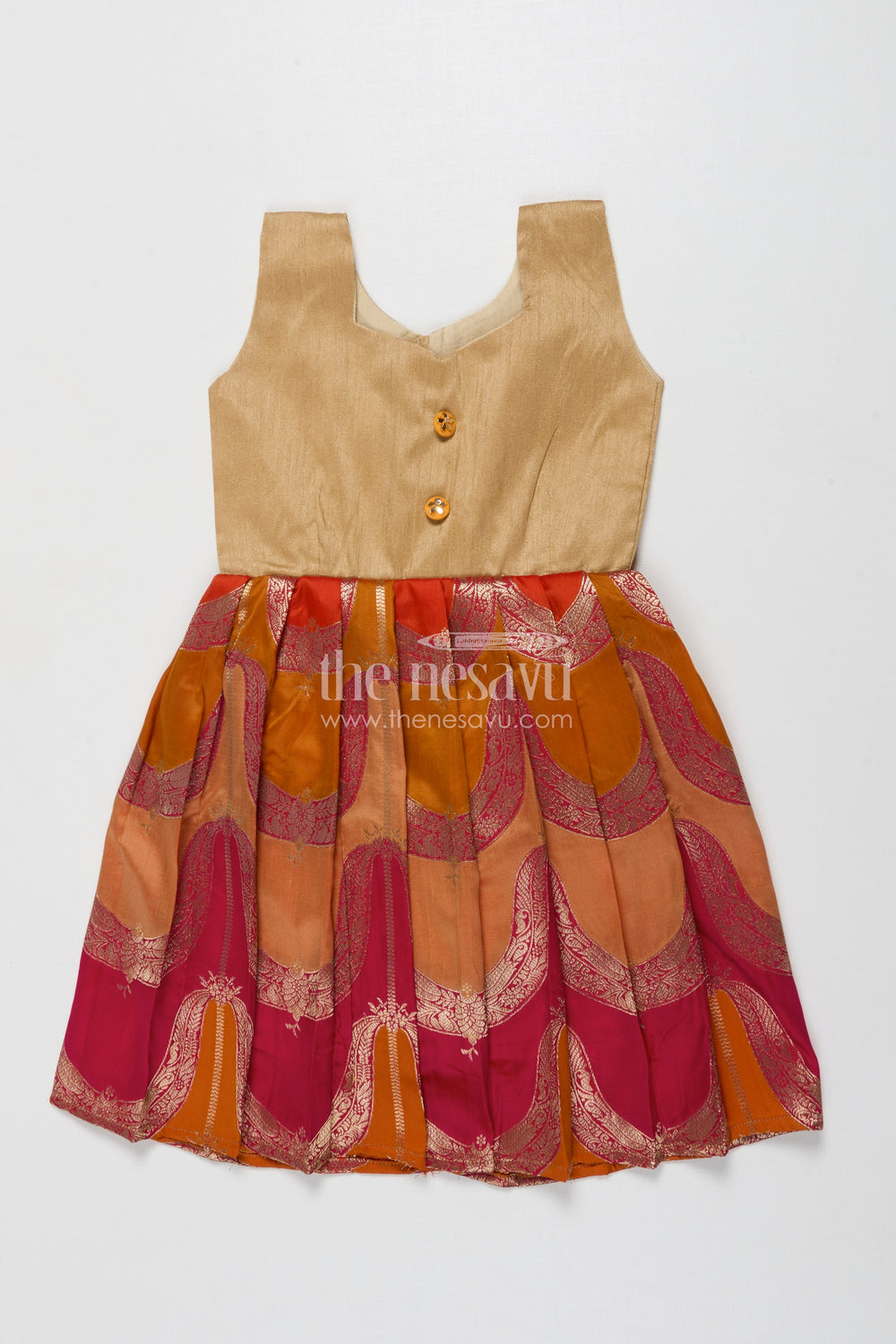 The Nesavu Silk Frock Sleeveless Silk Frock for Baby Girls for Rituals and Family Functions Nesavu 18 (2Y) / Orange SF1103B-18 Nesavu semi Banaras silk frock with raw silk yoke for baby girls – perfect for festive rituals and family gatherings