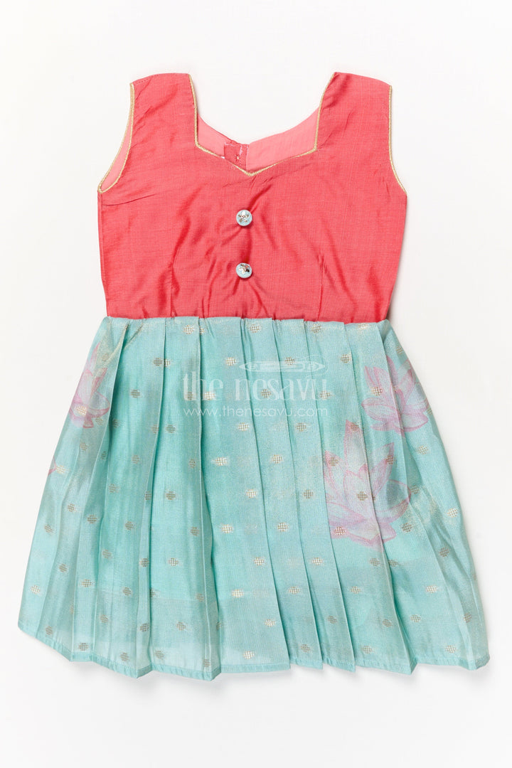 The Nesavu Silk Frock Sleeveless Silk Frock for Baby Girls with Lotus Print for Festive Wear Nesavu 18 (2Y) / Pink / Silk Blend SF1113A-18 Nesavu sleeveless silk frock for baby girls with lotus motif and pleated skirt – perfect for ethnic occasions