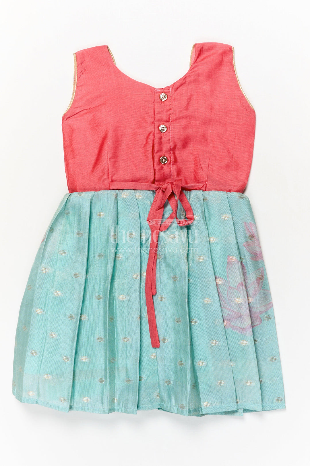 The Nesavu Silk Frock Sleeveless Silk Frock for Baby Girls with Lotus Print for Festive Wear Nesavu Nesavu sleeveless silk frock for baby girls with lotus motif and pleated skirt – perfect for ethnic occasions