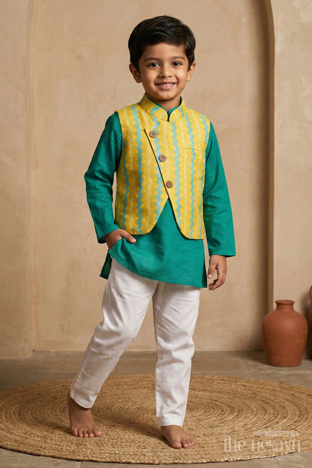 The Nesavu Boys Jacket Sets Smart Looks with Green Kurta and Overcoat with White Pants for Little Boys Nesavu 12 (3M) / Green / Cotton BES252A-12 Party Wear Kurta And Pant For Boys | The Nesavu