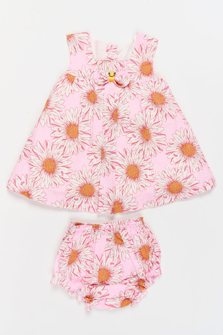 The Nesavu Baby Casual Sets Soft Baby Dress for Girls with Pink Daisy Print and Bow Accent Nesavu 12 (3M) / Pink BFJ712A-12 Soft Baby Dress Girls Pink Daisy Print Bow Baby Casual Sets | The Nesavu