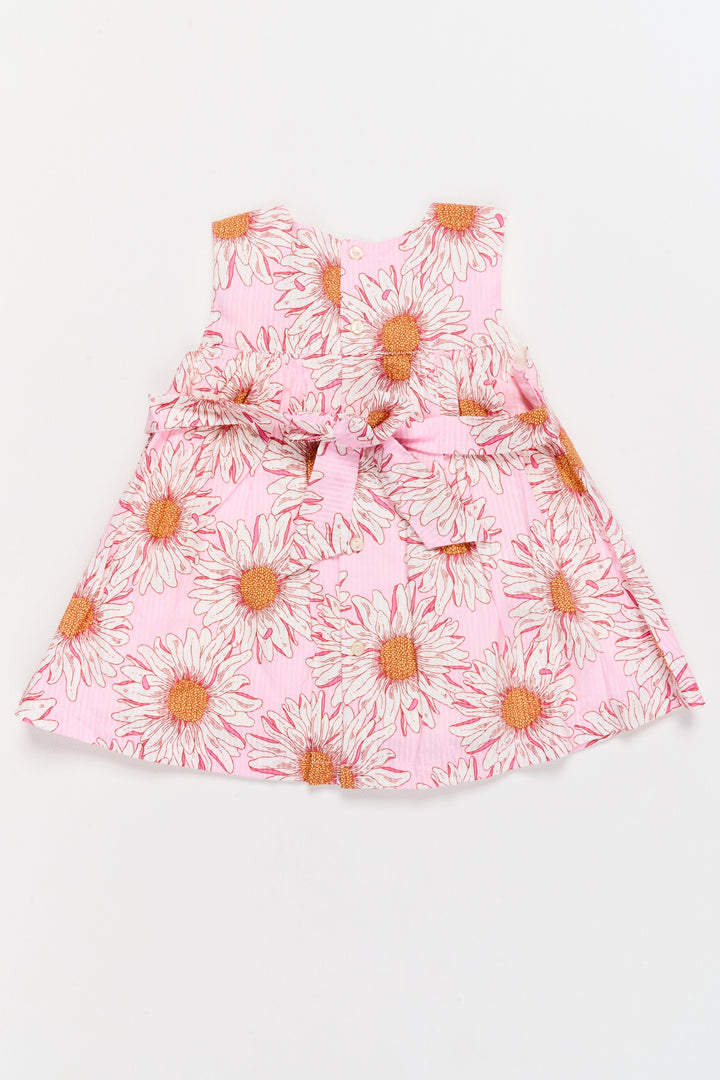 The Nesavu Baby Casual Sets Soft Baby Dress for Girls with Pink Daisy Print and Bow Accent Nesavu Soft Baby Dress Girls Pink Daisy Print Bow Baby Casual Sets | The Nesavu