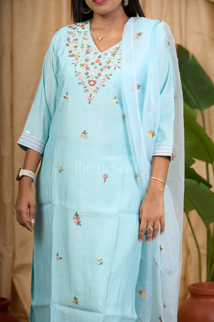 The Nesavu Womens Flared Kurthas Soft Blue Viscose Muslin Silk Straight Suit Set with Delicate Floral Embroidery for Women Nesavu Nesavu Soft Blue Viscose Muslin Silk Straight Suit Set Delicate Floral Embroidery Women