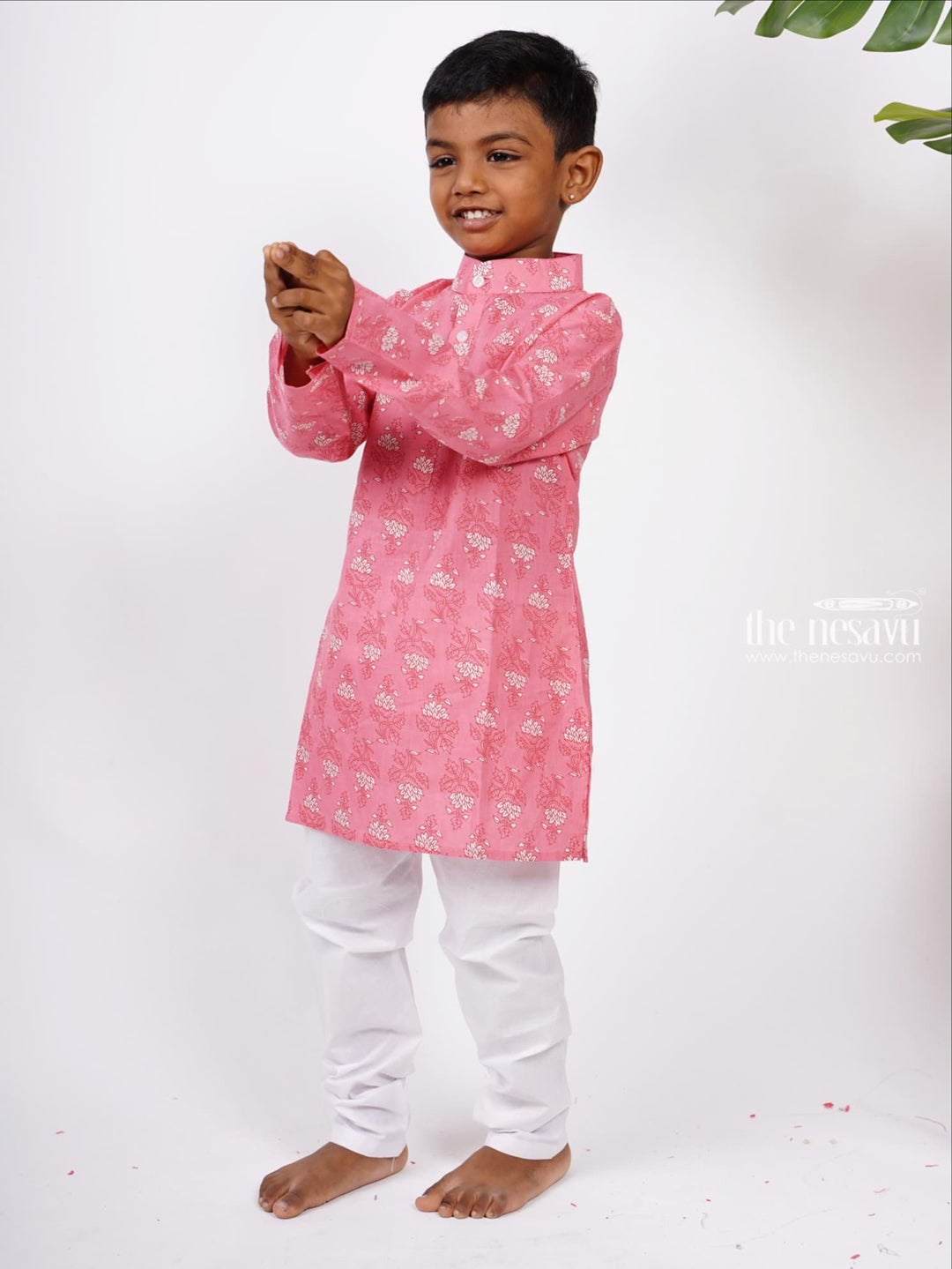 The Nesavu Boys Kurtha Set Soft Cotton Floral Print Kurta with White Pant for Boys Nesavu Buy Latest Cotton Collection | Boys Kurta Design Ideas | The Nesavu