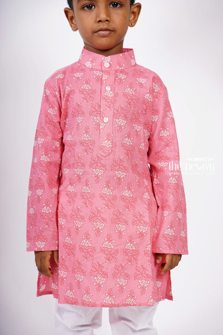 The Nesavu Boys Kurtha Set Soft Cotton Floral Print Kurta with White Pant for Boys Nesavu Buy Latest Cotton Collection | Boys Kurta Design Ideas | The Nesavu