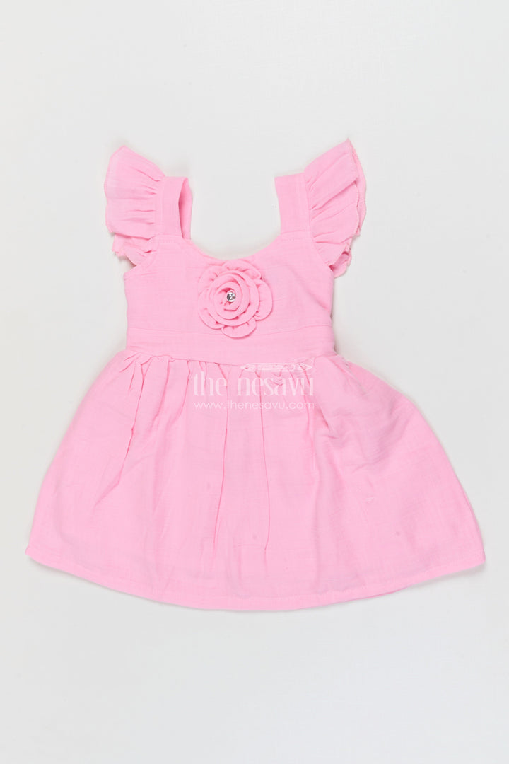 The Nesavu Girls Cotton Frock Soft Cotton Frock for Baby Girls’ Playful Outings Nesavu 14 (6M) / Pink / Muslin Cotton BFJ917C-14 Nesavu baby girl cotton frock with rosette detail and flutter sleeves for casual wear