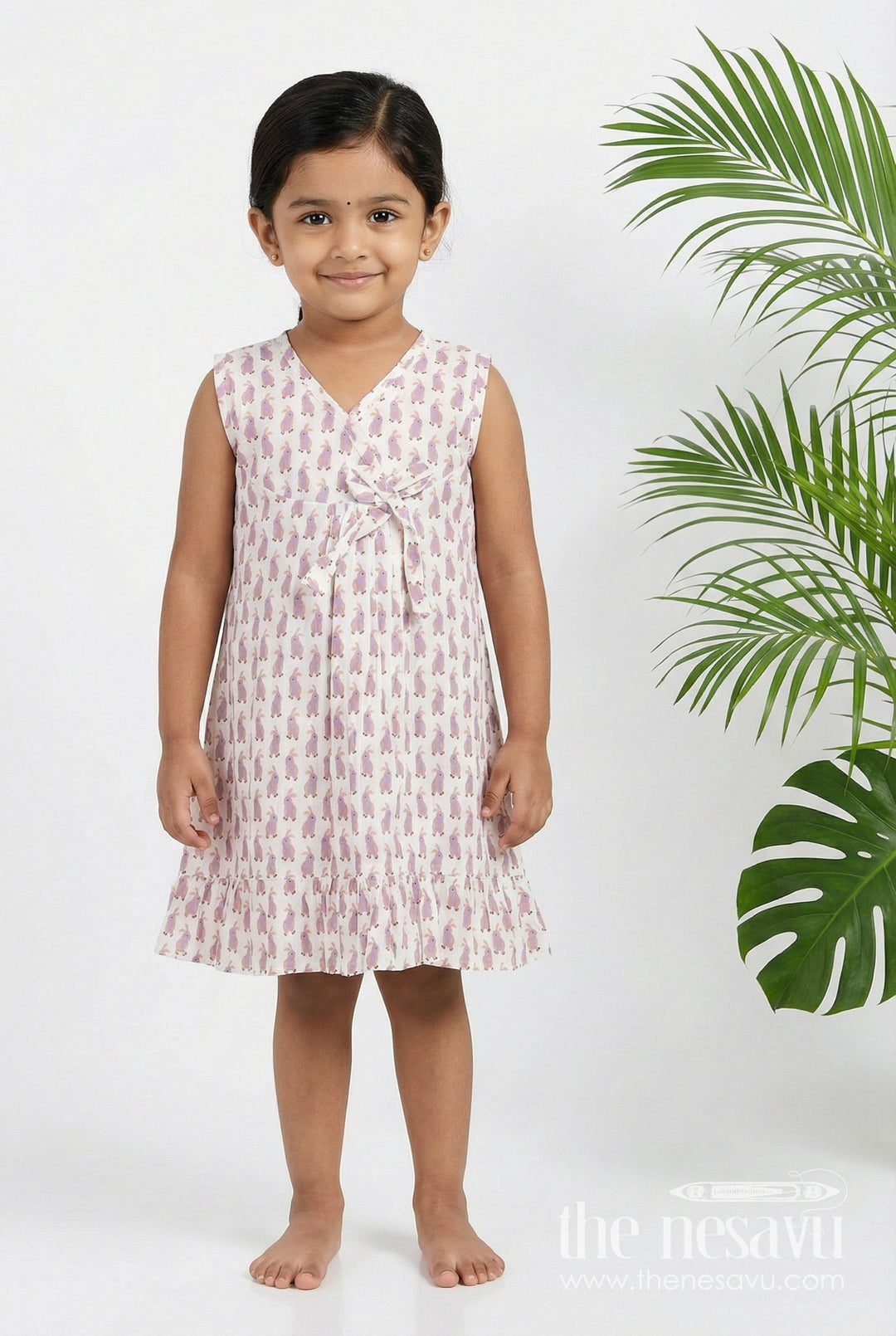 The Nesavu Girls Cotton Frock Soft Cotton Frock for Girls with Hand Block Bunny Print and Elegant Frill Edges in Off White Nesavu 18 (2Y) / Half white GFC1793A-18 Nesavu Girls Soft Cotton Frock Hand Block Bunny Print Frilled Hem Creamy White
