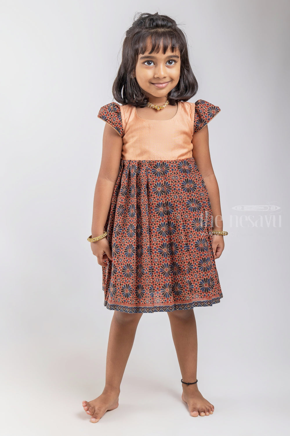 The Nesavu Girls Cotton Frock Soft Cotton Printed Brown Cotton Gown For Baby Girls With Contrasting Yoke With Floral printed Sleeves Nesavu Cotton Ki Frocks For Baby Girls | Latest Cotton Designer Wear | The Nesavu