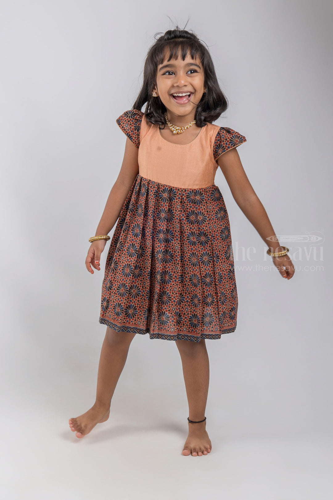 The Nesavu Girls Cotton Frock Soft Cotton Printed Brown Cotton Gown For Baby Girls With Contrasting Yoke With Floral printed Sleeves psr silks Nesavu