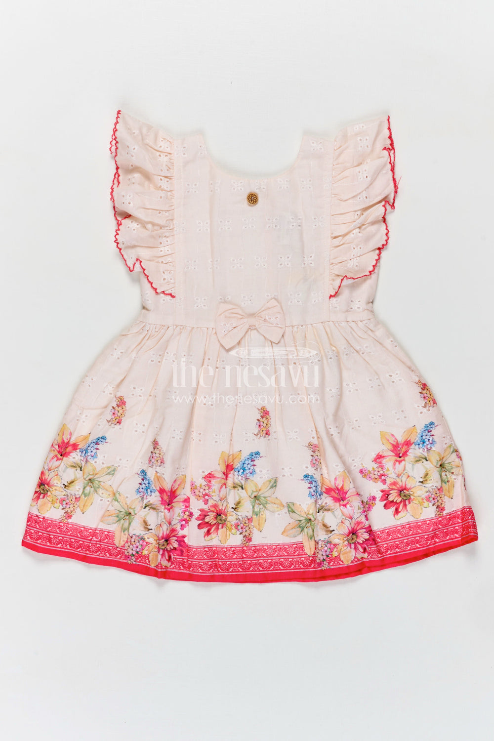 The Nesavu Baby Cotton Frocks Soft Cotton Summer Dress for Infant Girls in Cream Hakoba with Pink Floral Print and Bow Detail Nesavu 14 (6M) / Red BFJ807C-14 Nesavu Soft Cotton Summer Frock Infant Girls Cream Hakoba Pink Floral Print Bow
