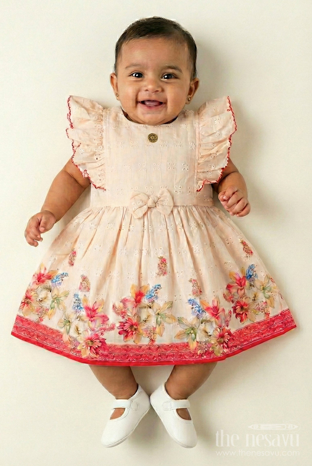 The Nesavu Baby Cotton Frocks Soft Cotton Summer Dress for Infant Girls in Cream Hakoba with Pink Floral Print and Bow Detail Nesavu 14 (6M) / Red BFJ807C-14 Nesavu Soft Cotton Summer Frock Infant Girls Cream Hakoba Pink Floral Print Bow