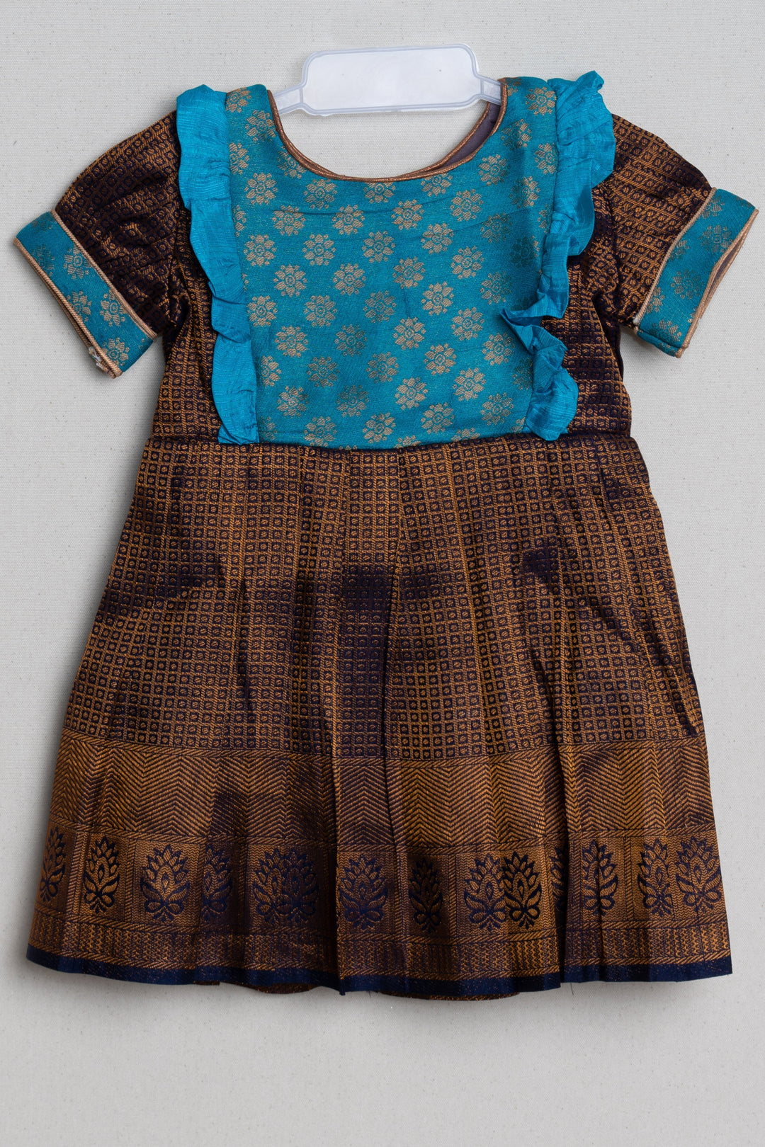The Nesavu Girls Kanchi Silk Frock Soft Silk Banarasi Brocade Silk / Pattu Frock for Little Girls for First Birthday Nesavu 16 (1Y) / Brown / Self Border SF612B-16 Floral design Silk Frock | The Nesavu