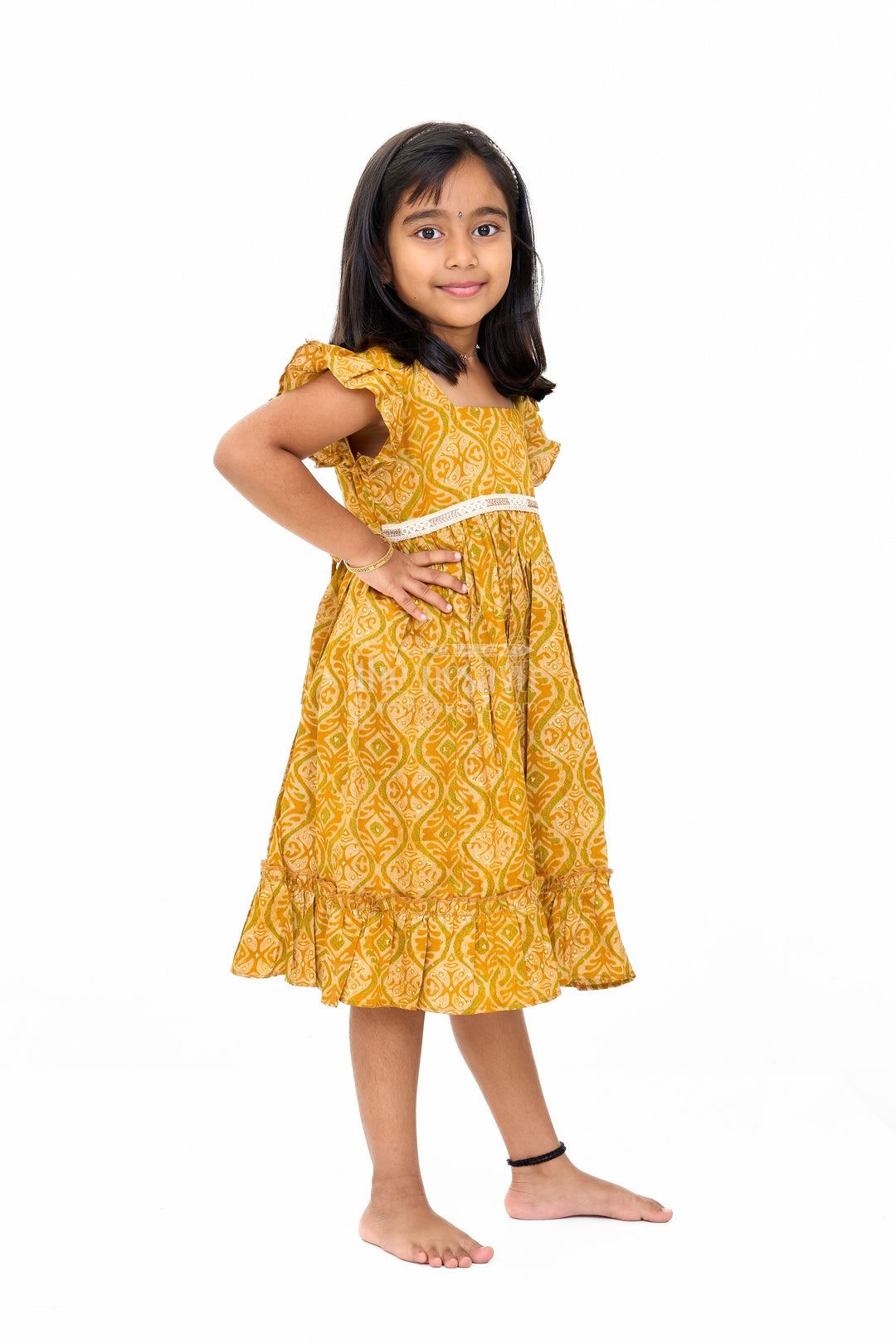 The Nesavu Girls Cotton Frock Solid Cotton Dress for Girls in Mustard with Ruffle and Lace Details Nesavu 16 (1Y) / Green GFC1580C-16 Solid Cotton Dress Girls Lace Waistband Ruffle Hem Mustard | The Nesavu