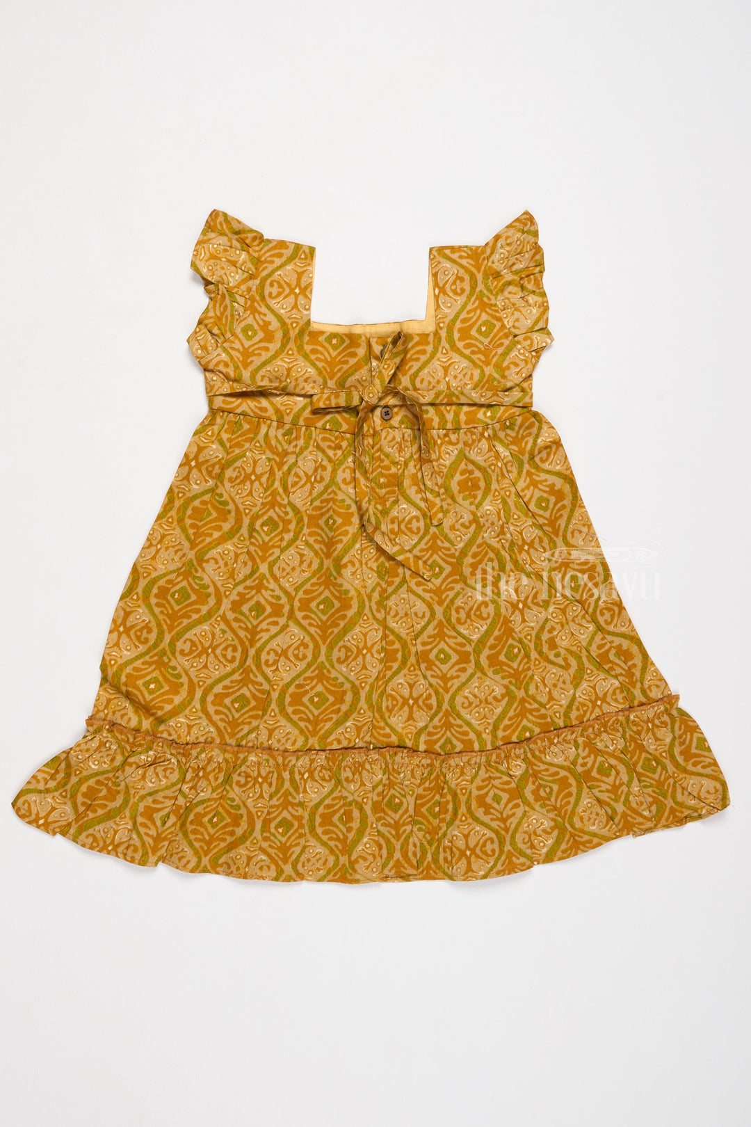 The Nesavu Girls Cotton Frock Solid Cotton Dress for Girls in Mustard with Ruffle and Lace Details Nesavu Solid Cotton Dress Girls Lace Waistband Ruffle Hem Mustard | The Nesavu