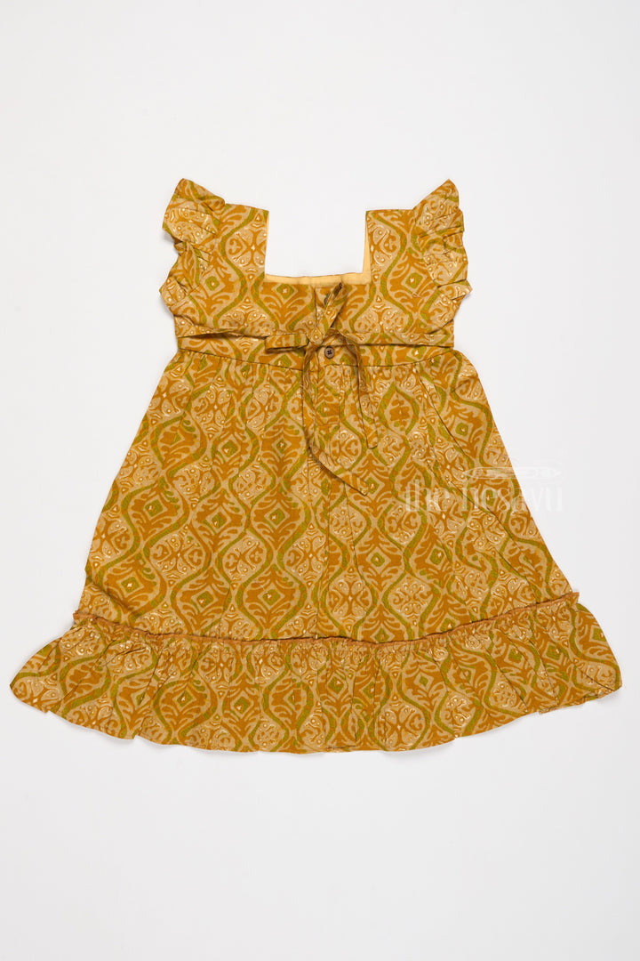 The Nesavu Girls Cotton Frock Solid Cotton Dress for Girls in Mustard with Ruffle and Lace Details Nesavu Solid Cotton Dress Girls Lace Waistband Ruffle Hem Mustard | The Nesavu