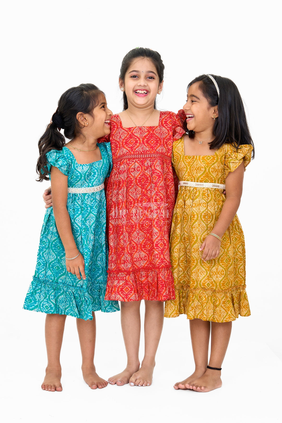 The Nesavu Girls Cotton Frock Solid Cotton Dress for Girls in Mustard with Ruffle and Lace Details Nesavu Solid Cotton Dress Girls Lace Waistband Ruffle Hem Mustard | The Nesavu