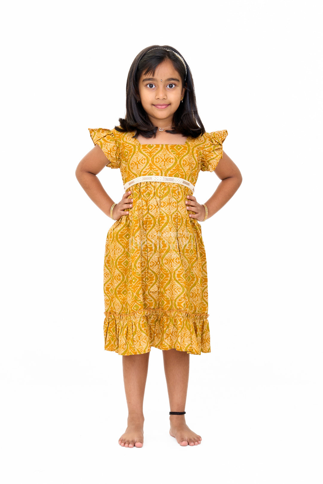 The Nesavu Girls Cotton Frock Solid Cotton Dress for Girls in Mustard with Ruffle and Lace Details Nesavu Solid Cotton Dress Girls Lace Waistband Ruffle Hem Mustard | The Nesavu
