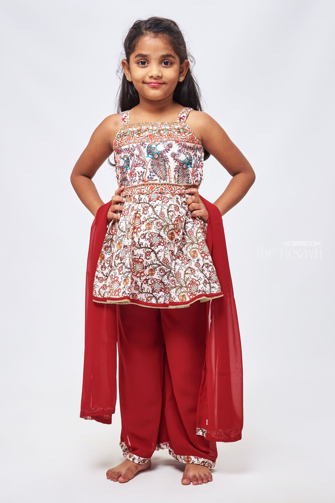 The Nesavu Girls Sharara / Plazo Set Sophisticated Beige Creation: Zari Embroidered Kalamkari Kurti with Solid Palazzo & Dupatta - Iconic Indian Clothes Brand for Chic Girls Nesavu Trendy Kurti and Palazzo Set for Girls | Designer Kurti with Palazzo | The Nesavu