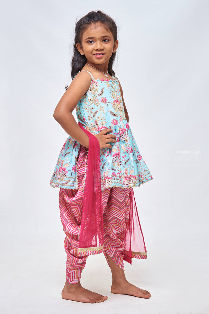 The Nesavu Girls Dothi Sets Sophisticated Blue Attire: Sequin & Zari Embroidered Floral Kurti, Designer Dhoti & Dupatta - Designer Blouse Patterns for Fashion-Forward Girls Nesavu Comfortable Kurti with Dothi for Kids | Designer Kids Wear for Girls | The Nesavu