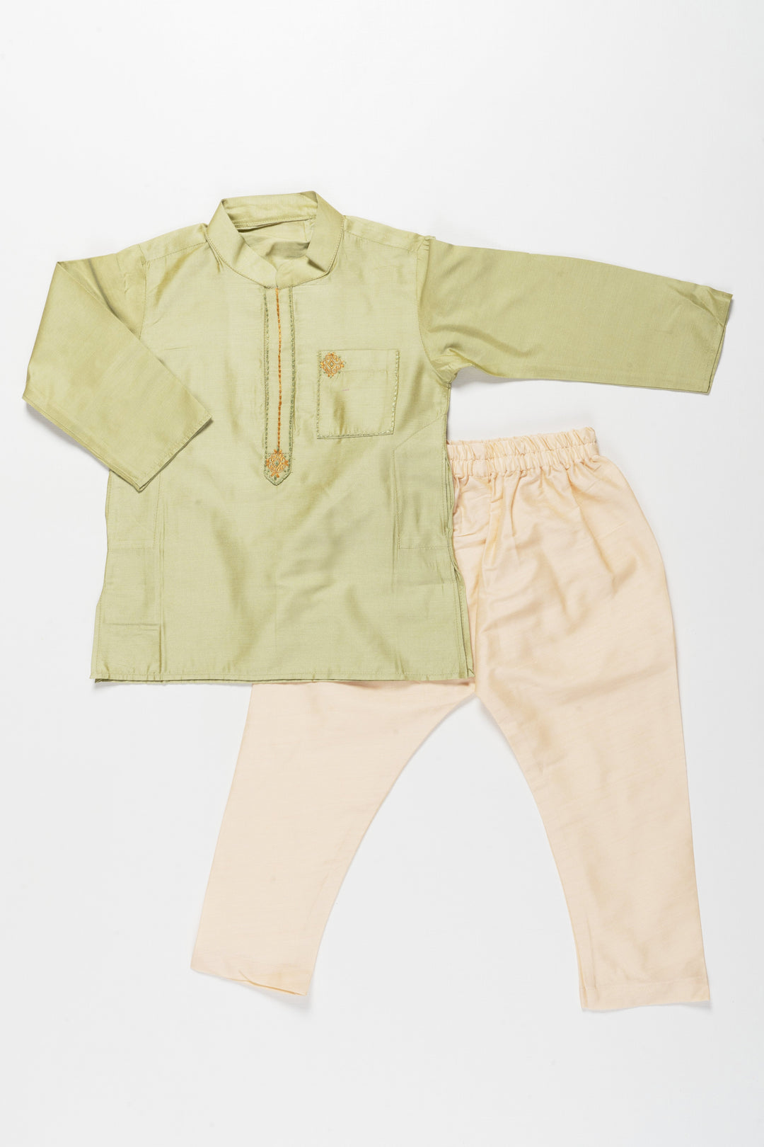 The Nesavu Boys Kurtha Set Sophisticated Green Embroidered Kurta with Beige Pant Set for Boys Nesavu 12 (3M) / Green / Blend Silk BES548A-12 Boys Green Kurta with Beige Pant Set | Embroidered Traditional Wear | The Nesavu