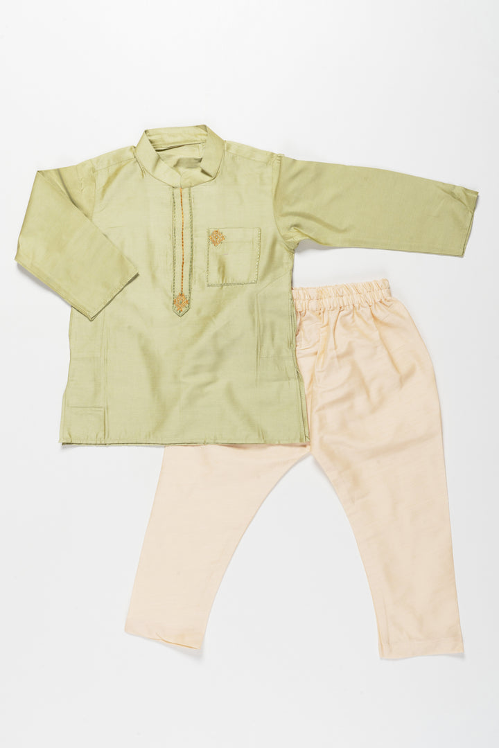 Sophisticated Green Embroidered Kurta with Beige Pant Set for Boys