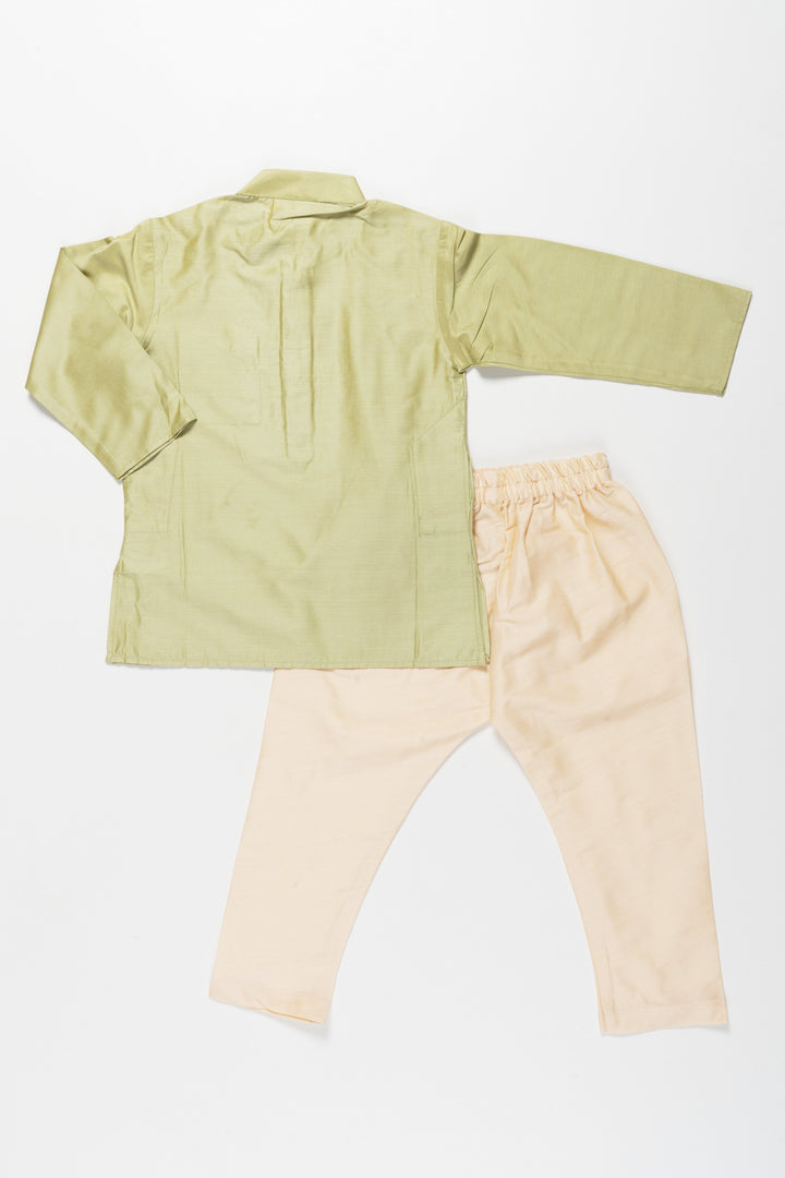 The Nesavu Boys Kurtha Set Sophisticated Green Embroidered Kurta with Beige Pant Set for Boys Nesavu Boys Green Kurta with Beige Pant Set | Embroidered Traditional Wear | The Nesavu