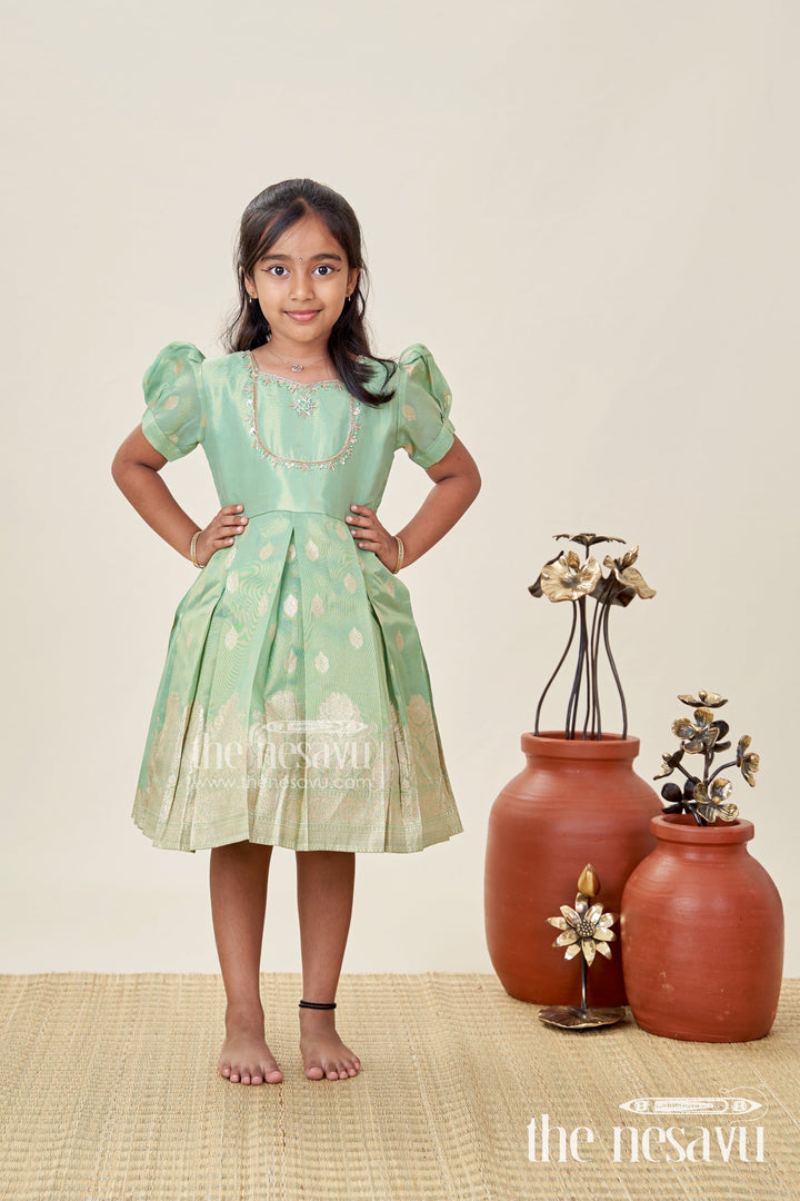 The Nesavu Silk Frock South Indian Traditional Silk Dress for Baby Girls with Zari Work Nesavu 16 (1Y) / Green SF1032B-16 Nesavu Traditional South Indian Green Silk Frock Girls Golden Tissue Bottom Zari Accents