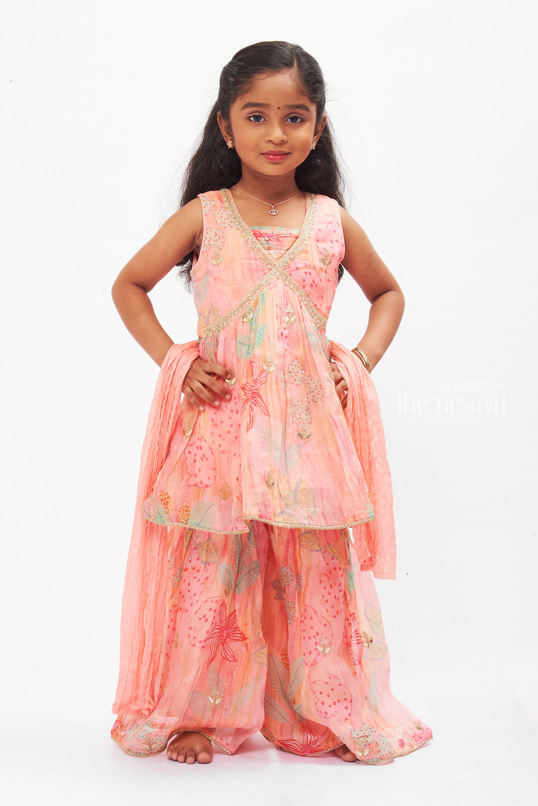 The Nesavu Girls Sharara / Plazo Set Sparkling Pink Gharara Set with Sequined Accents for Girls Nesavu 16 (1Y) / Pink GPS255A-16 Buy Girls Pink Sequined Gharara Set | Floral Printed Ethnic Wear | The Nesavu
