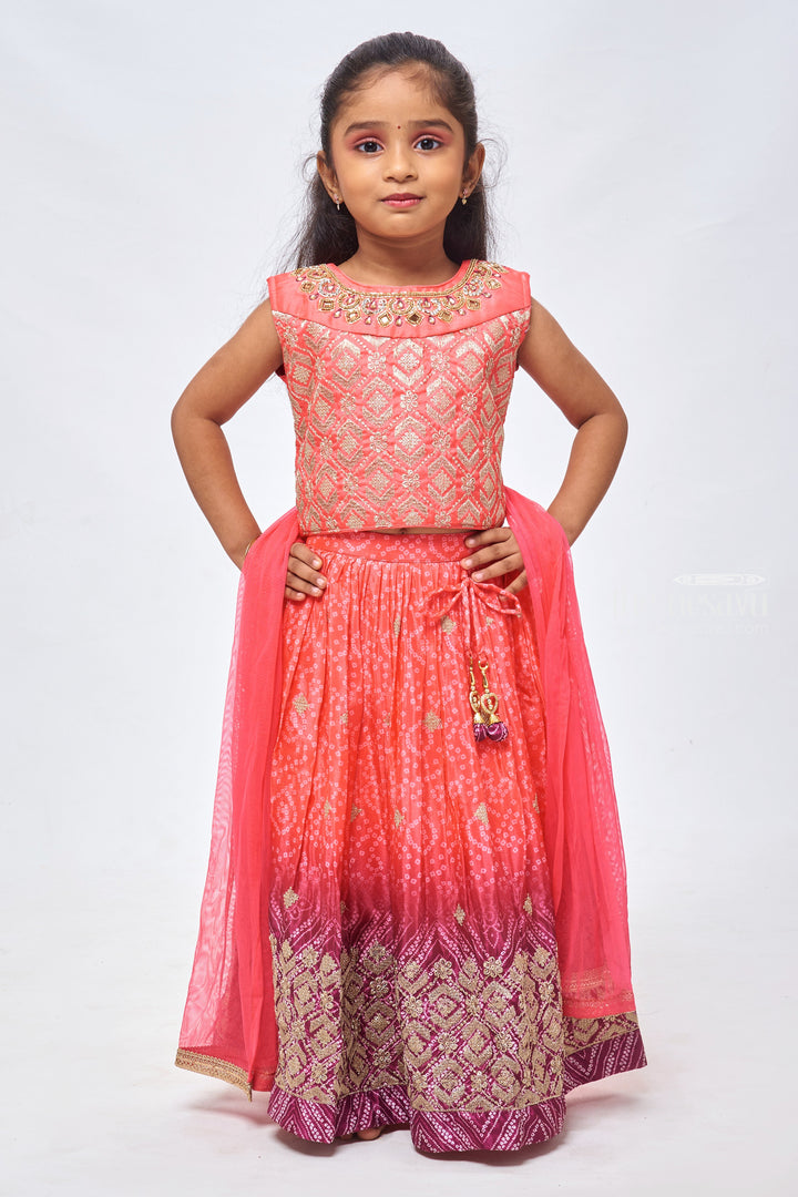 The Nesavu Girls Lehenga Choli Sparkling Tradition: Zari & Sequin Embellished Top with Bandhani Printed Pink Lehenga and Dupatta for Girls Nesavu 18 (2Y) / Pink / Chinnon GL369A-18 Girls Traditional Wear Lehenga | Festive Lehenga Choli with Dupatta | The Nesavu