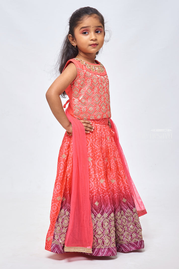 The Nesavu Girls Lehenga Choli Sparkling Tradition: Zari & Sequin Embellished Top with Bandhani Printed Pink Lehenga and Dupatta for Girls Nesavu Girls Traditional Wear Lehenga | Festive Lehenga Choli with Dupatta | The Nesavu