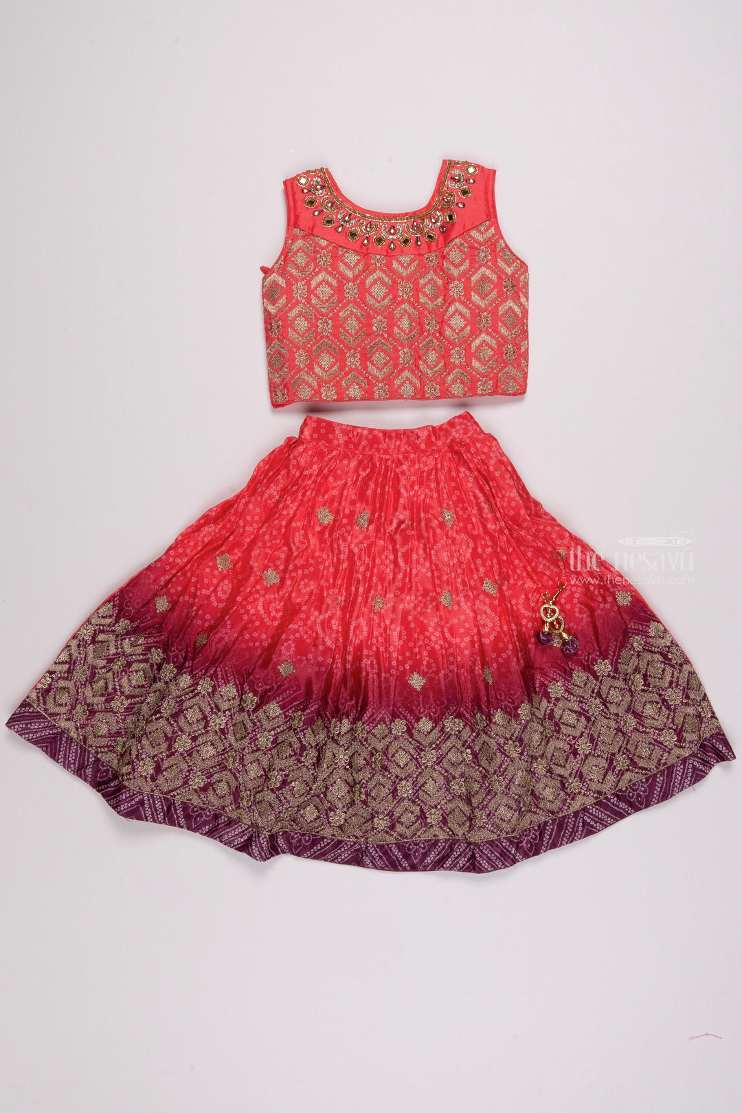 The Nesavu Lehenga & Ghagra Sparkling Tradition: Zari & Sequin Embellished Top with Bandhani Printed Pink Lehenga and Dupatta for Girls Nesavu 18 (2Y) / Pink / Chinnon GL369A-18 Girls Traditional Wear Lehenga | Festive Lehenga Choli with Dupatta | The Nesavu