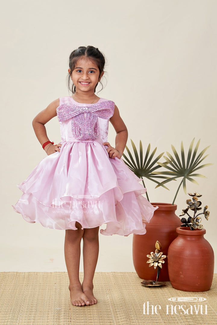 The Nesavu Girls Fancy Party Frock Special Occasion Baby Frock with Ruffles Perfect for Birthday Party Celebrations Nesavu Nesavu Pink Birthday Party Frock Girls Organza Ruffled Layers Sparkling Beaded Bow