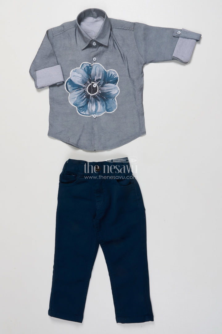 The Nesavu Boys Casual Set Statement Floral Casual Outfit for Boys with Cotton Blend Comfort Nesavu 16 (1Y) / Blue BCS493B-16 Nesavu boys printed cotton blend casual shirt pant set large floral motif