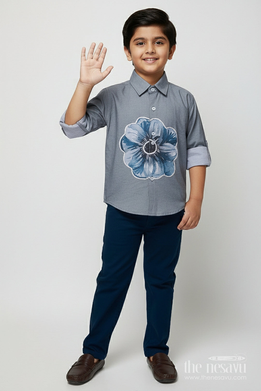 The Nesavu Boys Casual Set Statement Floral Casual Outfit for Boys with Cotton Blend Comfort Nesavu 16 (1Y) / Blue BCS493B-16 Nesavu boys printed cotton blend casual shirt pant set large floral motif
