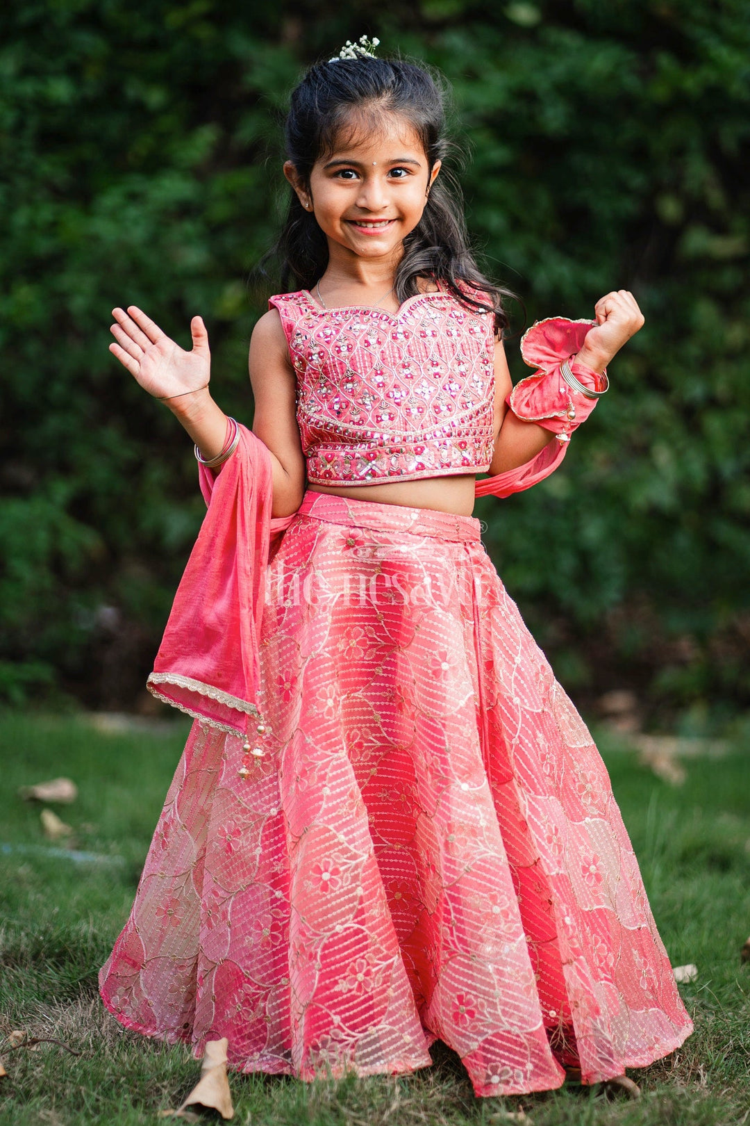 The Nesavu Girls Lehenga Choli Striking Red Girls Lehenga Choli Set with Mirror-Work Crop Top and Floral Skirt Nesavu 16 (1Y) / Red GL496A-16 Nesavu Red Lehenga Choli Set Girls Mirror-Work Crop Top Floral Skirt