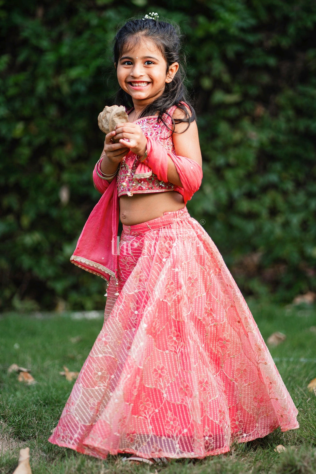 The Nesavu Girls Lehenga Choli Striking Red Girls Lehenga Choli Set with Mirror-Work Crop Top and Floral Skirt Nesavu Nesavu Red Lehenga Choli Set Girls Mirror-Work Crop Top Floral Skirt