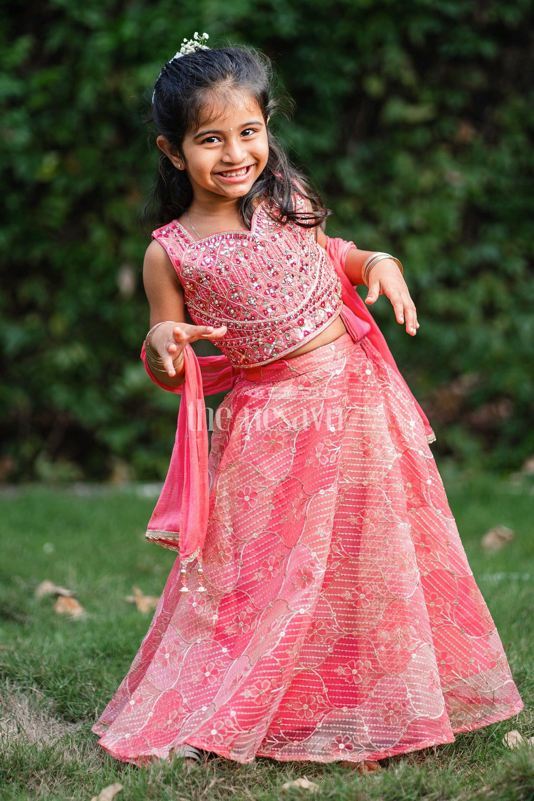 The Nesavu Girls Lehenga Choli Striking Red Girls Lehenga Choli Set with Mirror-Work Crop Top and Floral Skirt Nesavu Nesavu Red Lehenga Choli Set Girls Mirror-Work Crop Top Floral Skirt