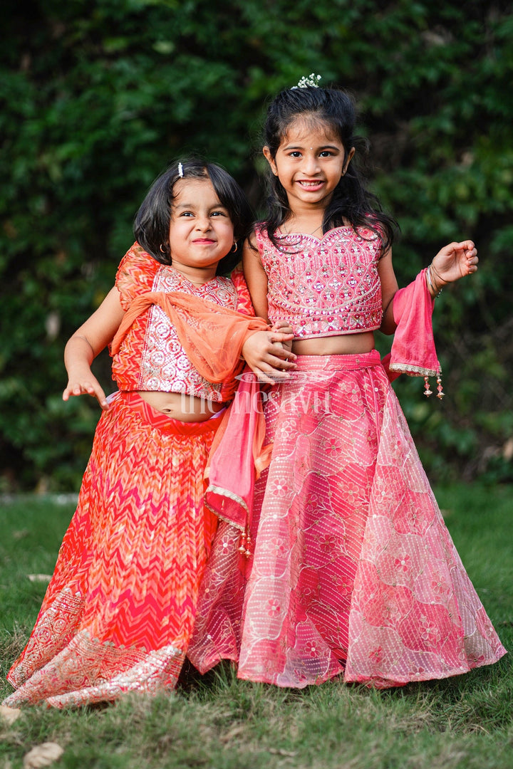 The Nesavu Girls Lehenga Choli Striking Red Girls Lehenga Choli Set with Mirror-Work Crop Top and Floral Skirt Nesavu Nesavu Red Lehenga Choli Set Girls Mirror-Work Crop Top Floral Skirt