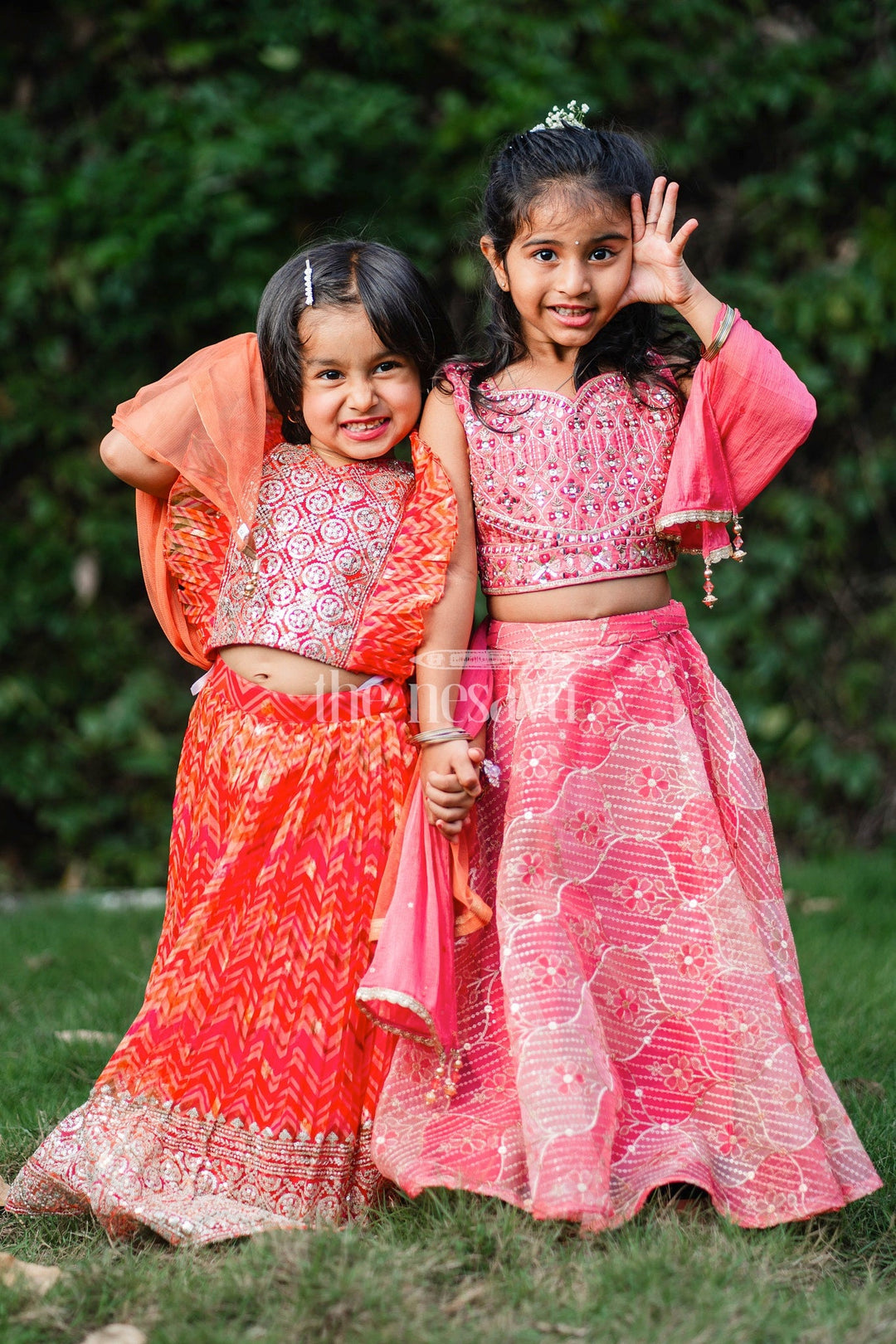 The Nesavu Girls Lehenga Choli Striking Red Girls Lehenga Choli Set with Mirror-Work Crop Top and Floral Skirt Nesavu Nesavu Red Lehenga Choli Set Girls Mirror-Work Crop Top Floral Skirt