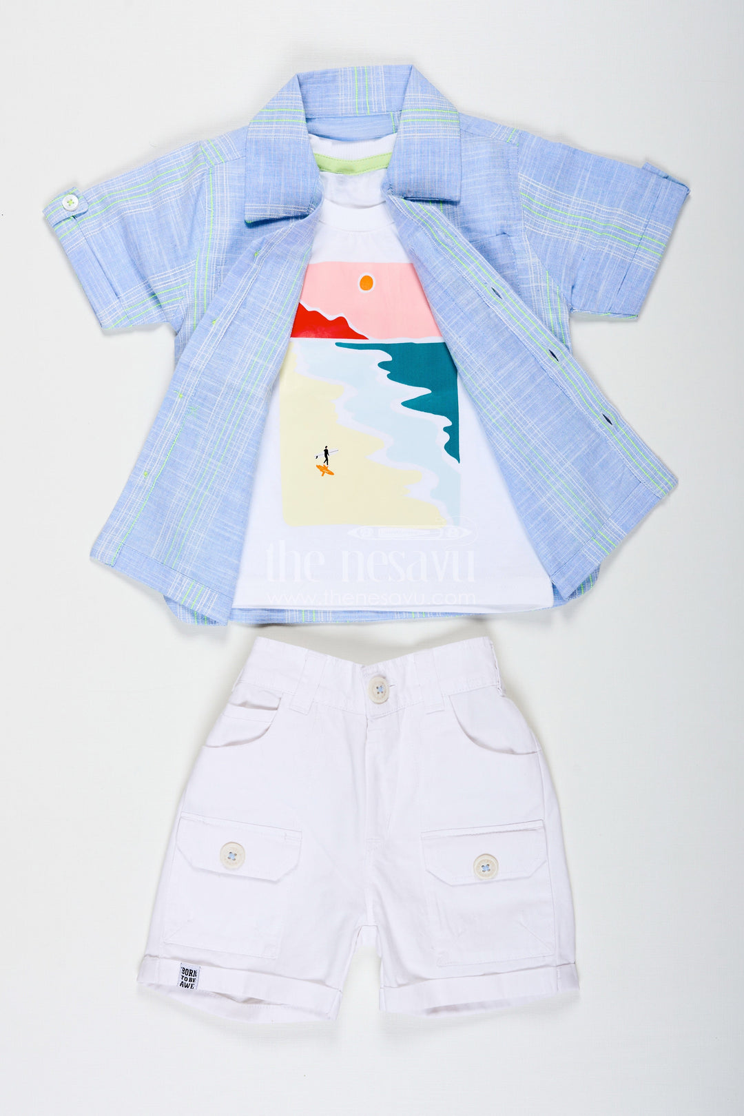 The Nesavu Boys Casual Set Stripe Design Boys Casual Outfit with Printed Tee and Checked Shirt in Designer Cotton with White Pocket Shorts Nesavu 16 (1Y) / Blue BCS228A-16 Stripe Design Boys Outfit with Printed Tee Checked Shirt and Pocket Shorts in Cotton Fabric | The Nesavu