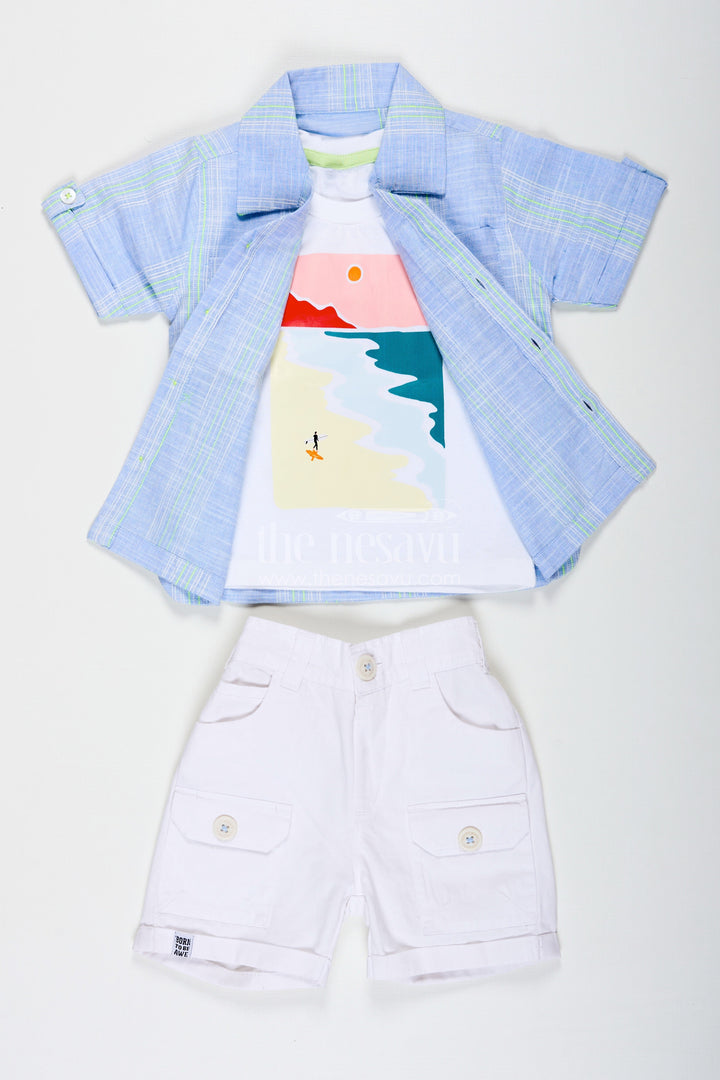 The Nesavu Boys Casual Set Stripe Design Boys Casual Outfit with Printed Tee and Checked Shirt in Designer Cotton with White Pocket Shorts Nesavu 16 (1Y) / Blue BCS228A-16 Stripe Design Boys Outfit with Printed Tee Checked Shirt and Pocket Shorts in Cotton Fabric | The Nesavu