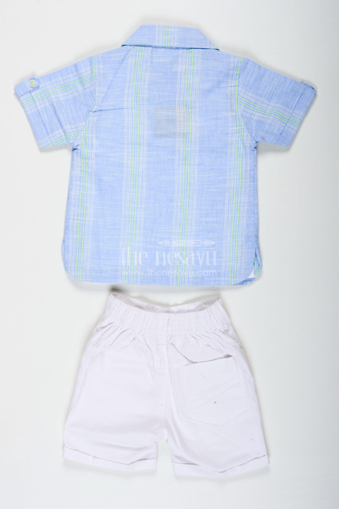 The Nesavu Boys Casual Set Stripe Design Boys Casual Outfit with Printed Tee and Checked Shirt in Designer Cotton with White Pocket Shorts Nesavu Stripe Design Boys Outfit with Printed Tee Checked Shirt and Pocket Shorts in Cotton Fabric | The Nesavu