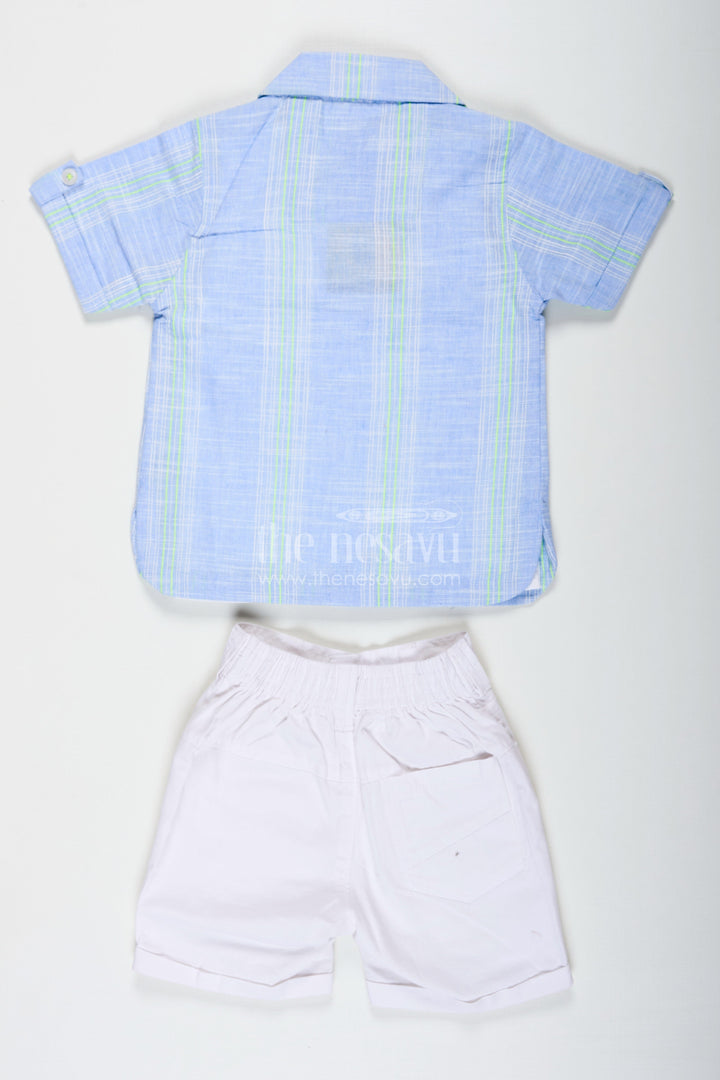 The Nesavu Boys Casual Set Stripe Design Boys Casual Outfit with Printed Tee and Checked Shirt in Designer Cotton with White Pocket Shorts Nesavu Stripe Design Boys Outfit with Printed Tee Checked Shirt and Pocket Shorts in Cotton Fabric | The Nesavu